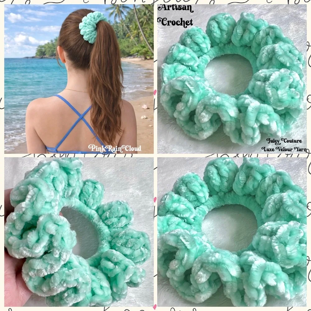 Handmade VELVET Crochet Hair Scrunchie Mint Green Soft Hair Tie PinkRainCloud